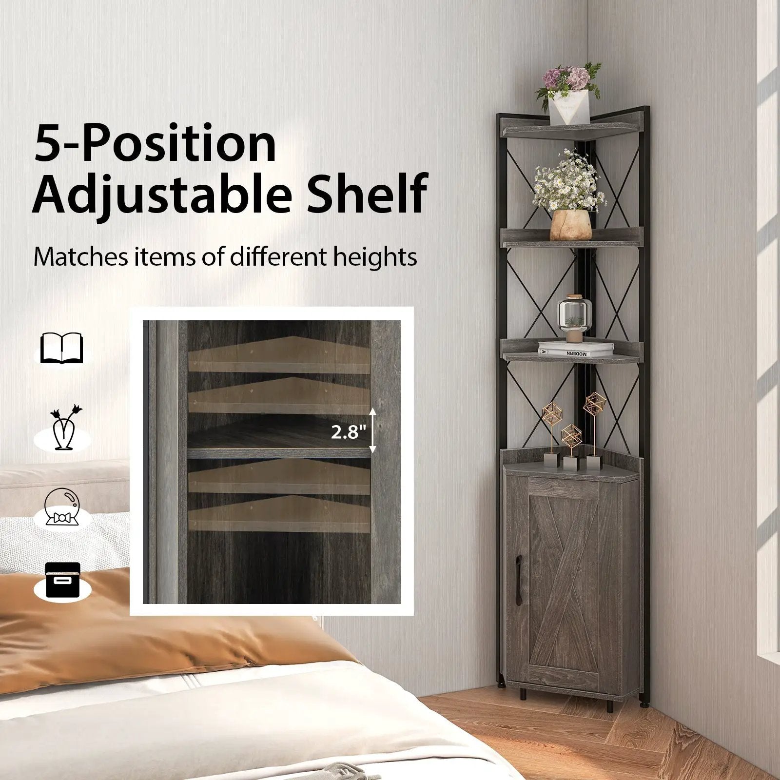 Tall Corner Storage Cabinet with 3-Tier Shelf and Enclosed Cabinet by DirectDeals