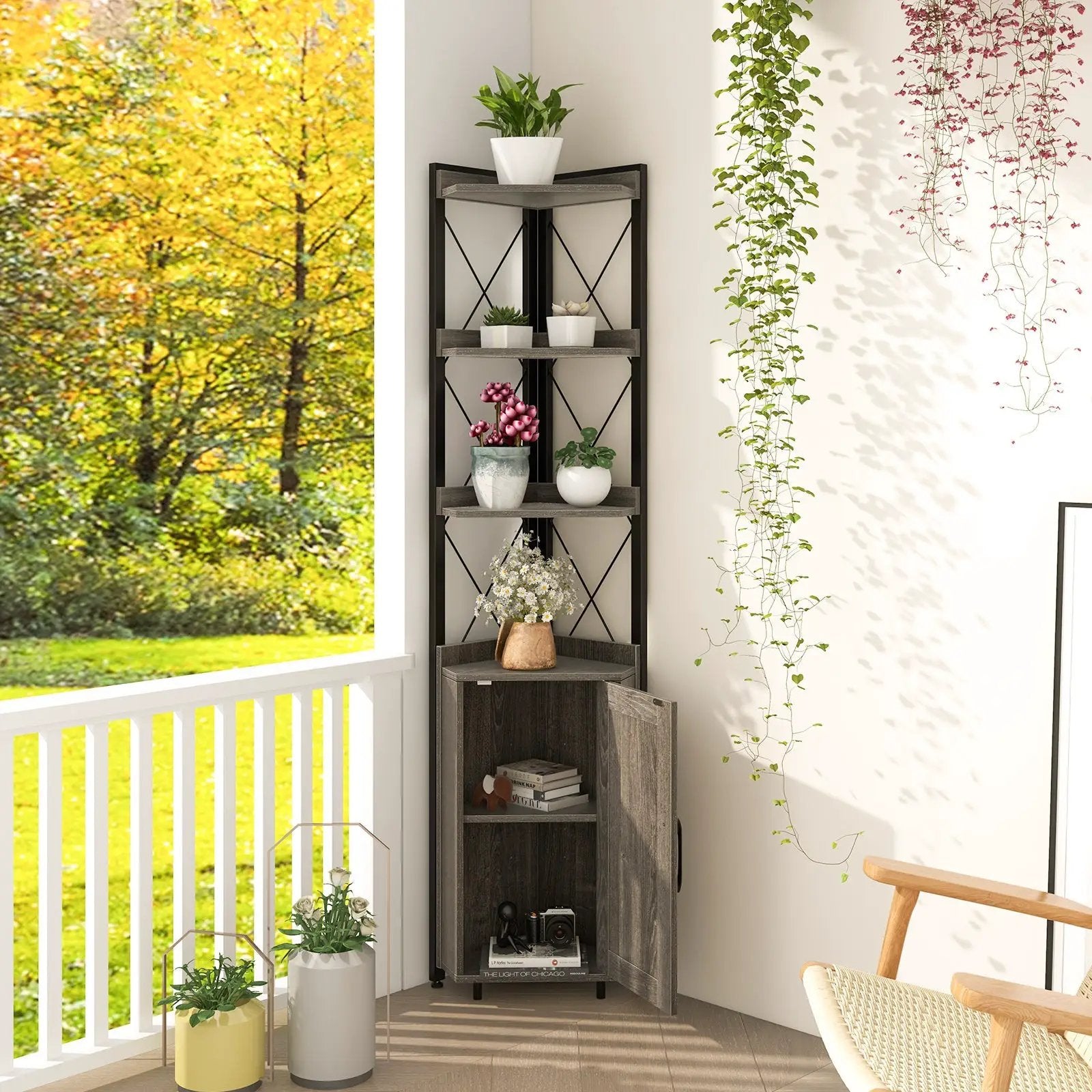 Tall Corner Storage Cabinet with 3-Tier Shelf and Enclosed Cabinet by DirectDeals