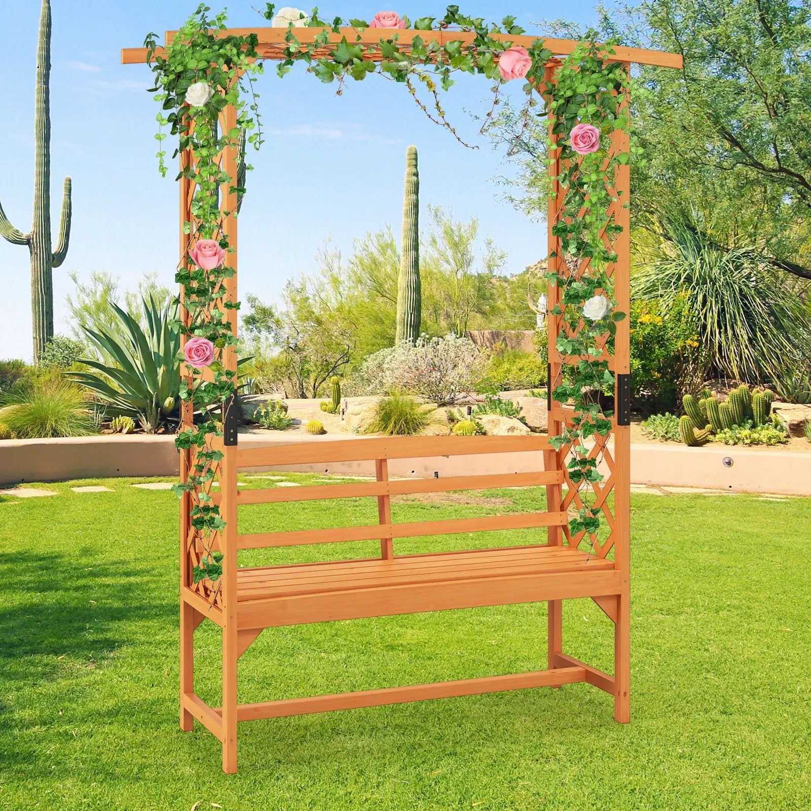6.5 FT Tall Patio Garden Arbor with Pergola and 2-Seat Bench for Garden Backyard Decoration-Yellow by DirectDeals