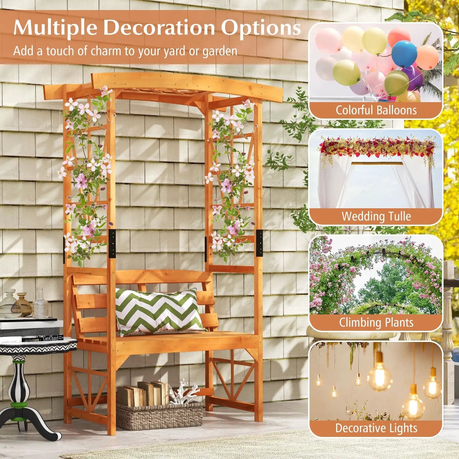 6.2 Feet Tall Patio Garden Arbor with Pergola and 2-Seat Bench for Garden Lawn Backyard Decoration-Yellow by DirectDeals
