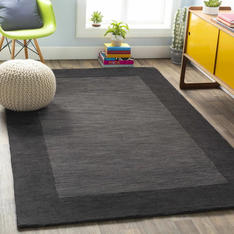 Bordered Solid Black Charcoal Wool Rug by Boutique Rugs