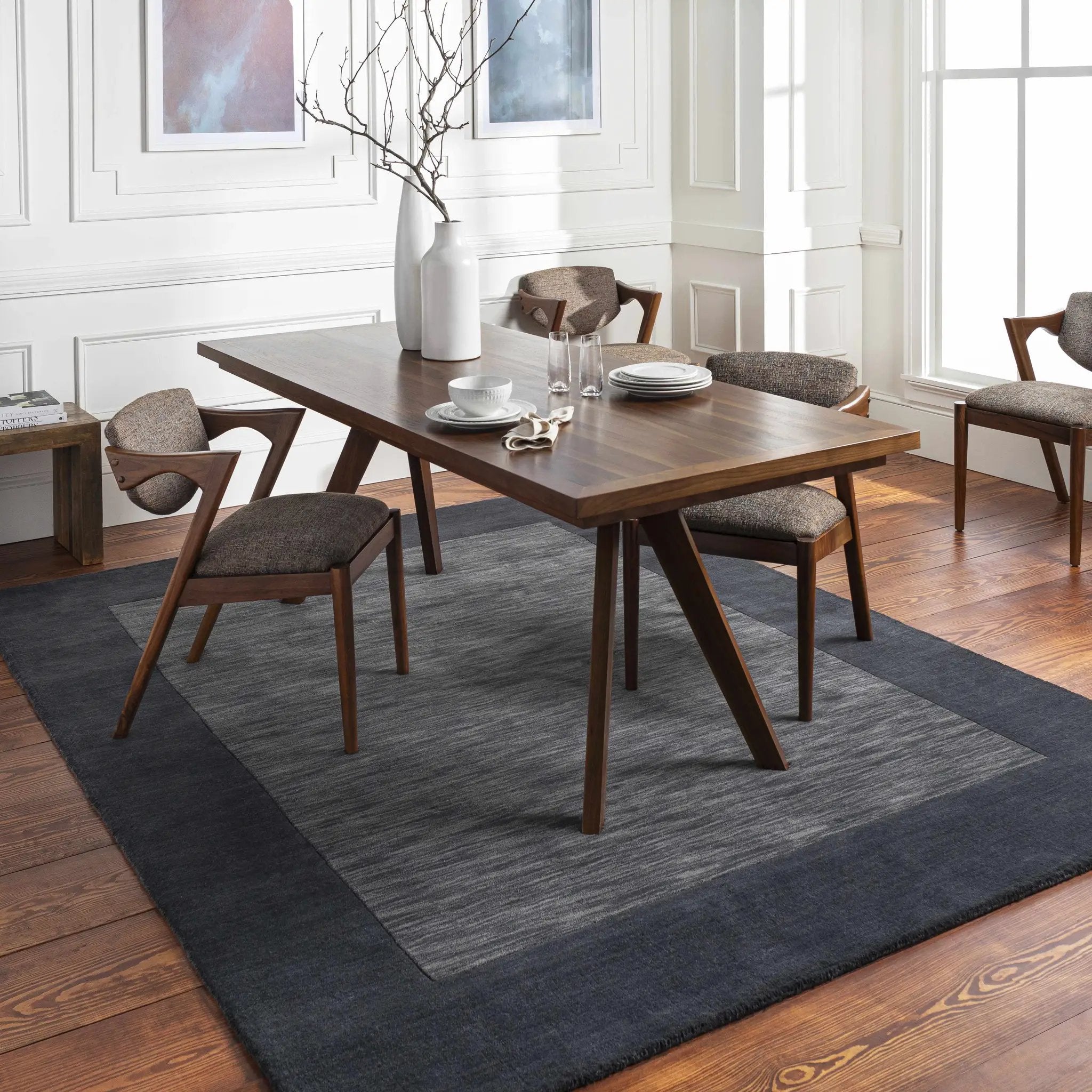 Bordered Solid Black Charcoal Wool Rug by Boutique Rugs