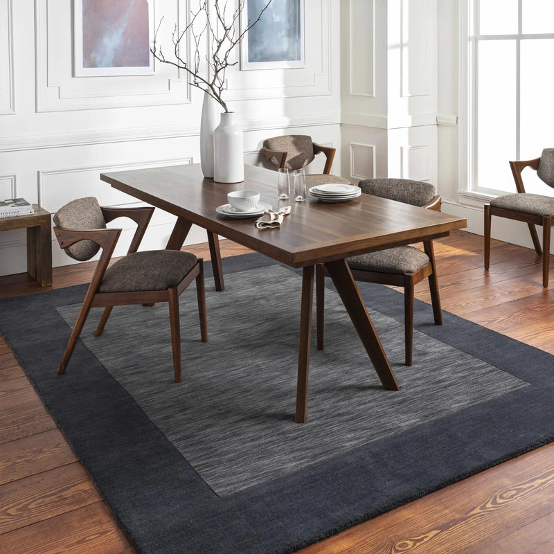 Bordered Solid Black Charcoal Wool Rug by Boutique Rugs