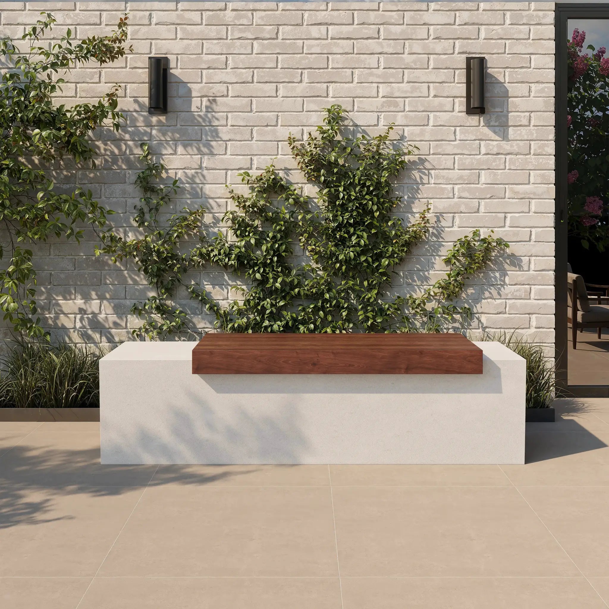 Tapered Bench with Wooden Planks - White GFRC Concrete Bench by ModaConcrete - Direct source for architectural and precast concrete