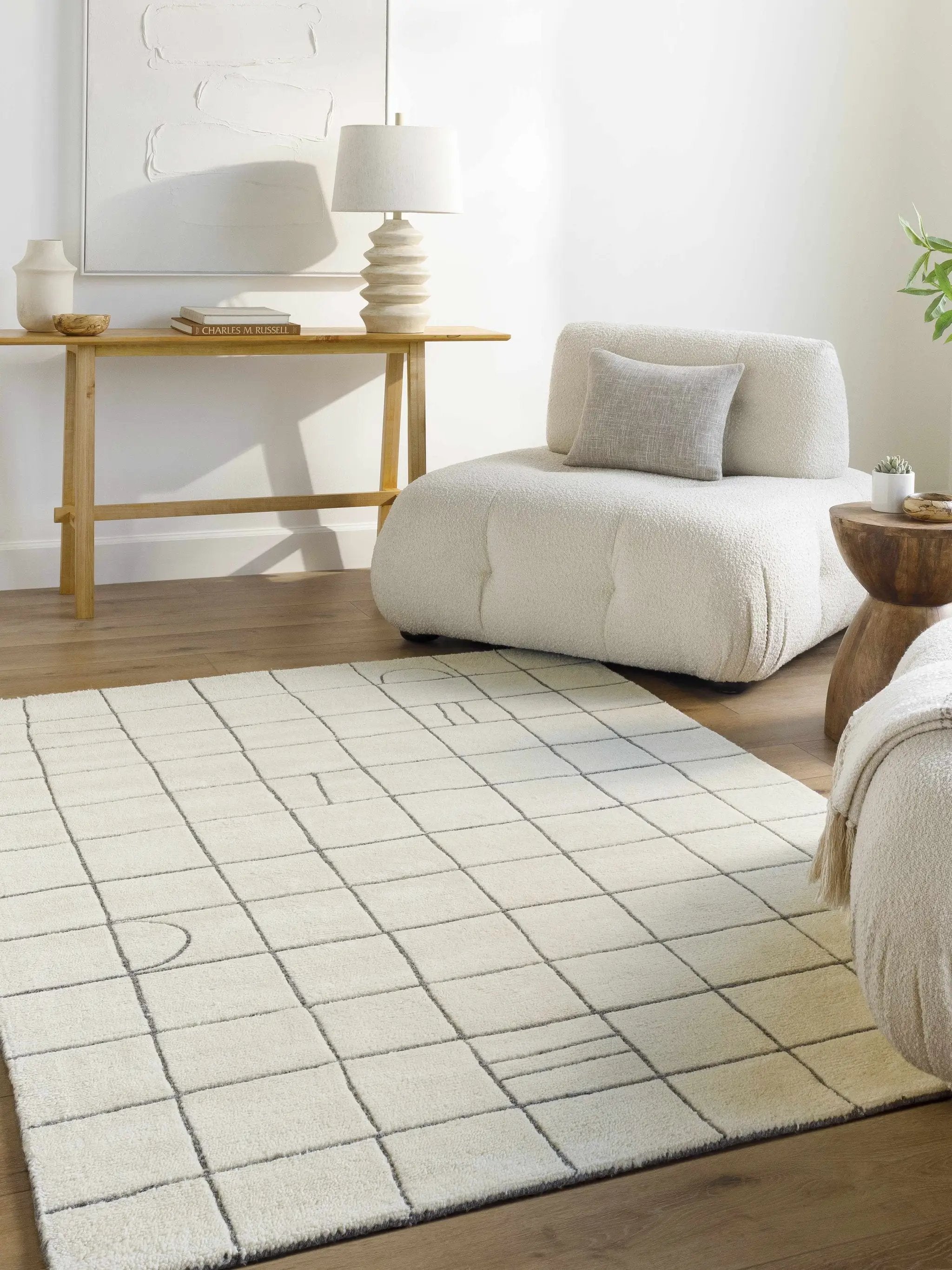 Tanya Pearl White Grid Wool Rug - Clearance by Boutique Rugs