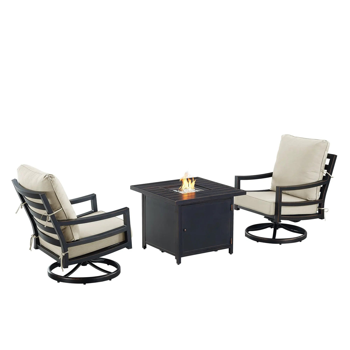 Black Aluminum Fire Table Bistro Set with Two Club Chairs by Sharicks