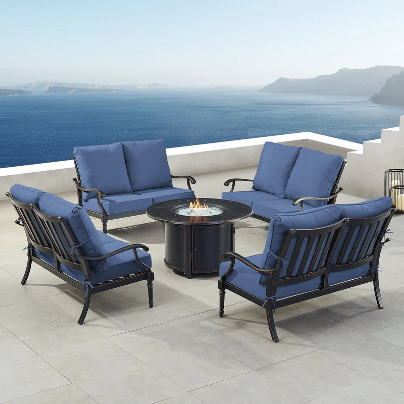 Black Aluminum Fire Table Set with Four Deep Seating Loveseats by Sharicks