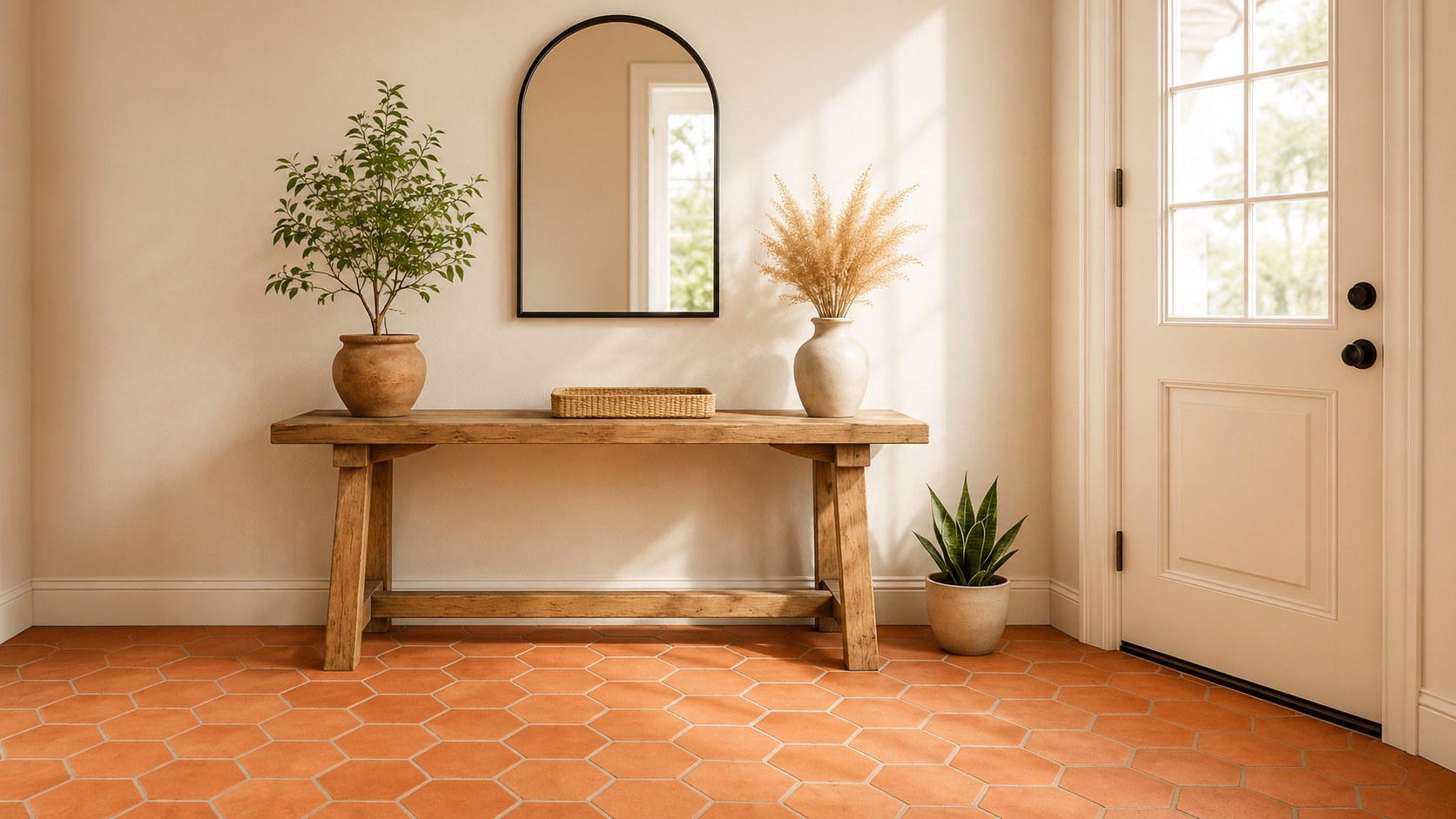 Terracotta hexagon tile floor in a sunlit entryway with a wooden console table