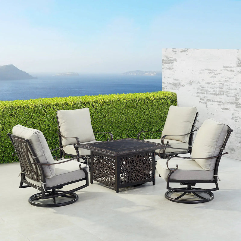 Black Aluminum Fire Table Set with Four Club Chairs by Sharicks