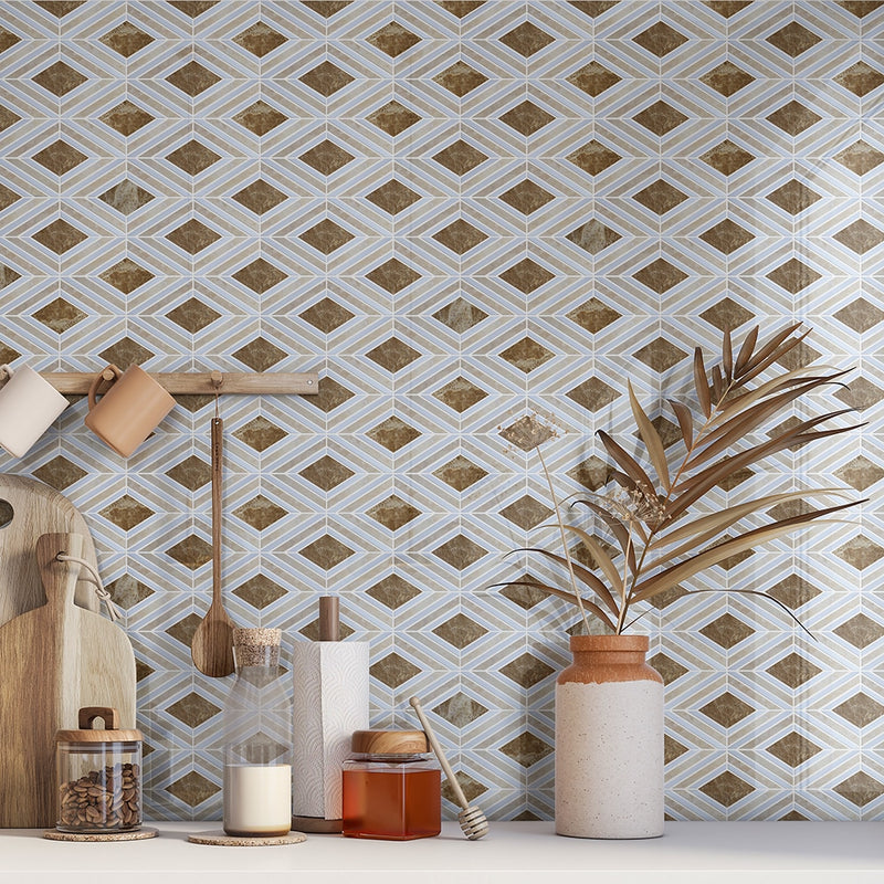 Thassos, Emperador Light, Royale Polished Stella Marble Mosaics 9 25/64x7 3/4 Marble Polished 6x12 Mosaics — 2