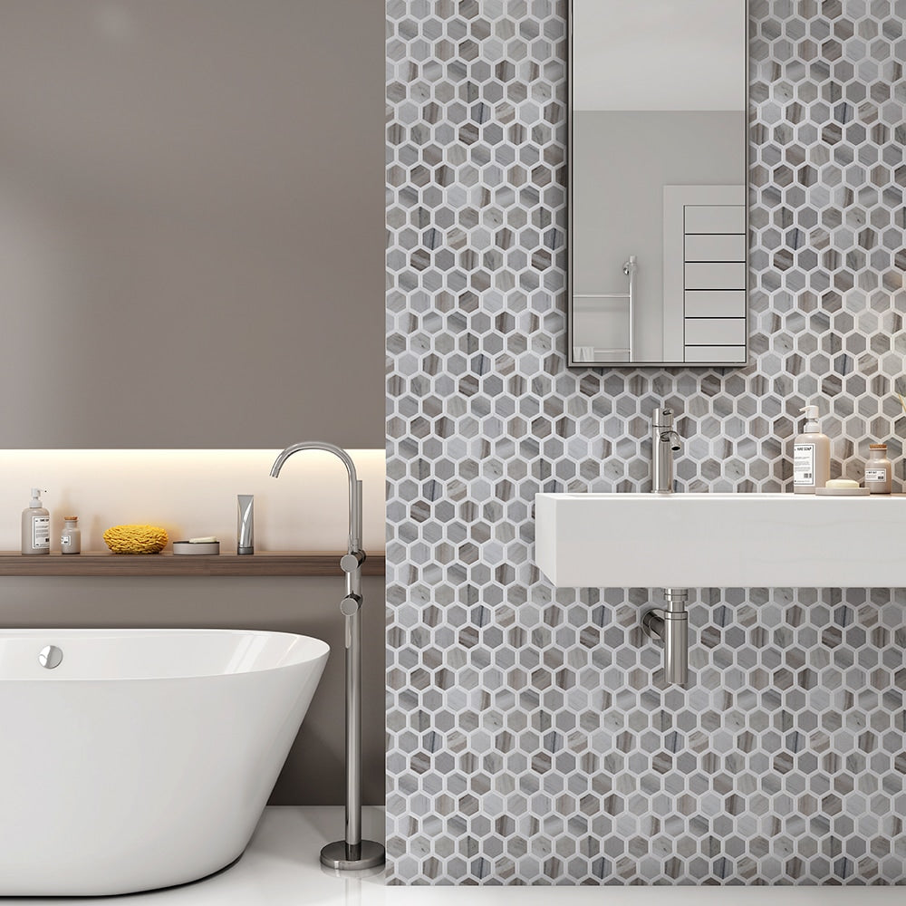 Thassos, Silver Sky Polished Favo Marble Mosaics 12 1/4x11 3/4 Marble Polished 12x12 Mosaics — 2