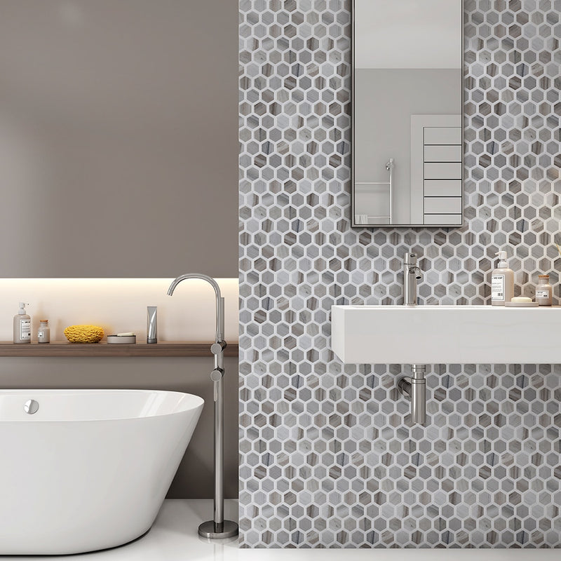 Thassos, Silver Sky Polished Favo Marble Mosaics 12 1/4x11 3/4 Marble Polished 12x12 Mosaics — 2