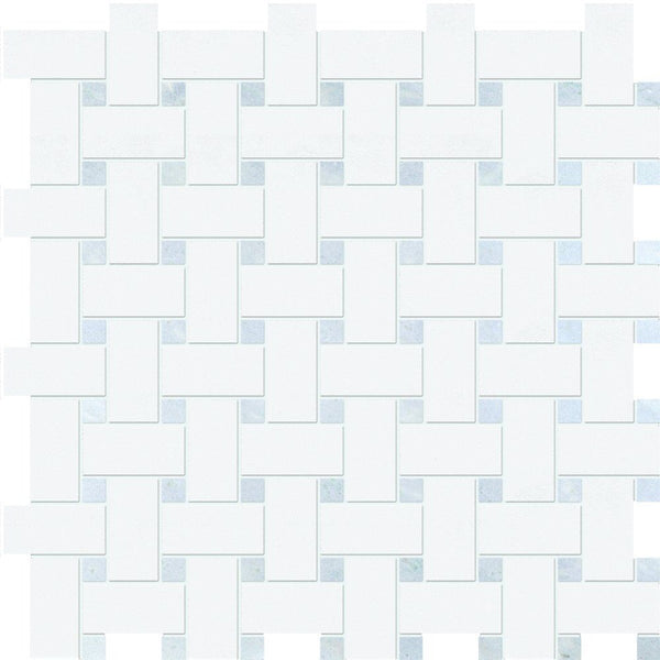 Thassos White&amp;blue Celeste Polished Basket Weave Marble Mosaics 12x12