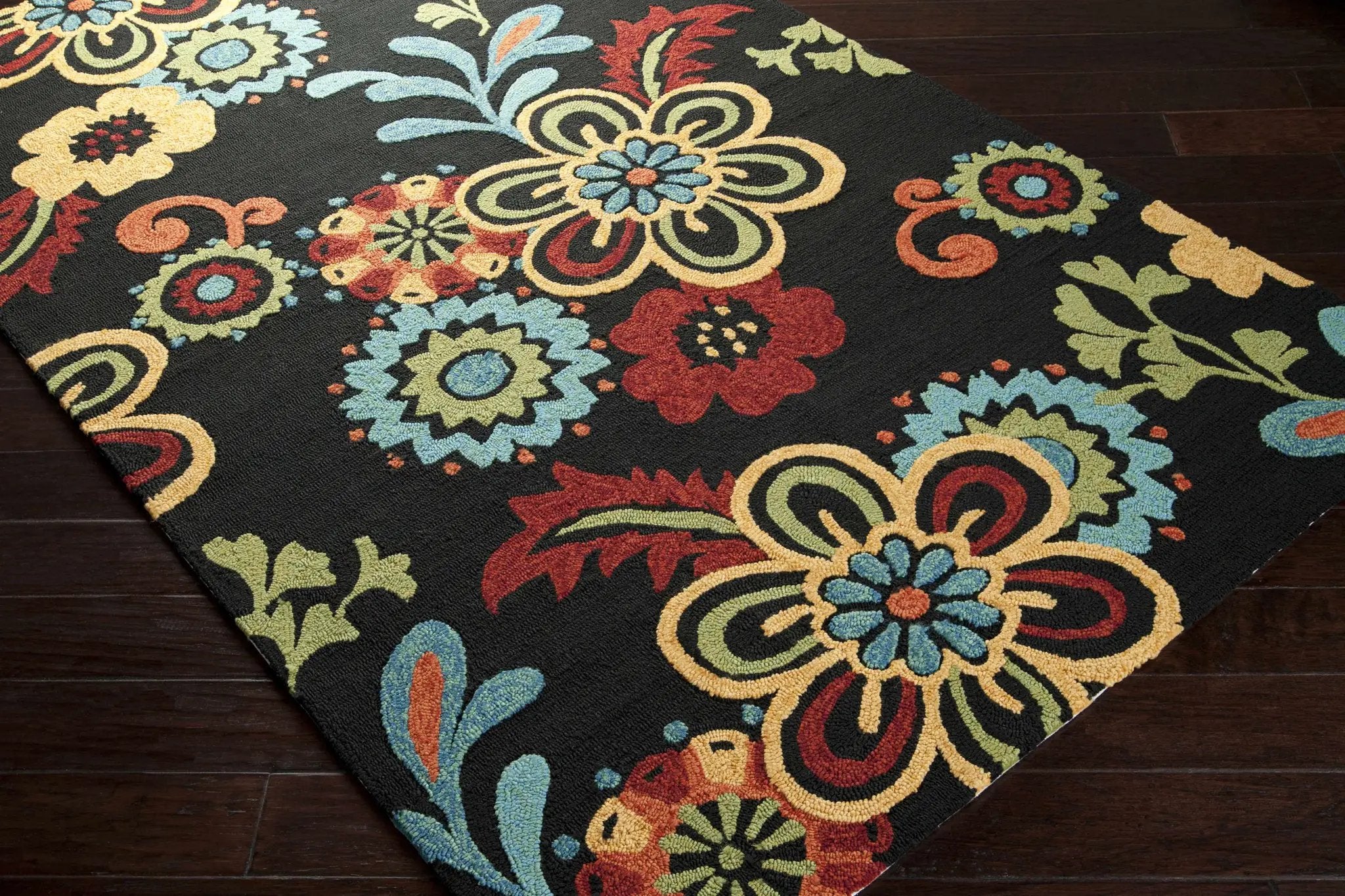 Thaxton Colorful Flowers on Black Outdoor Area Rug - Clearance by Boutique Rugs