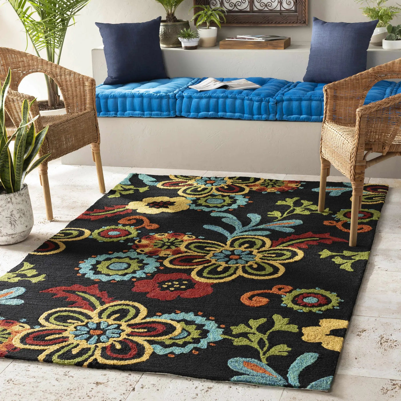 Thaxton Colorful Flowers on Black Outdoor Area Rug - Clearance by Boutique Rugs