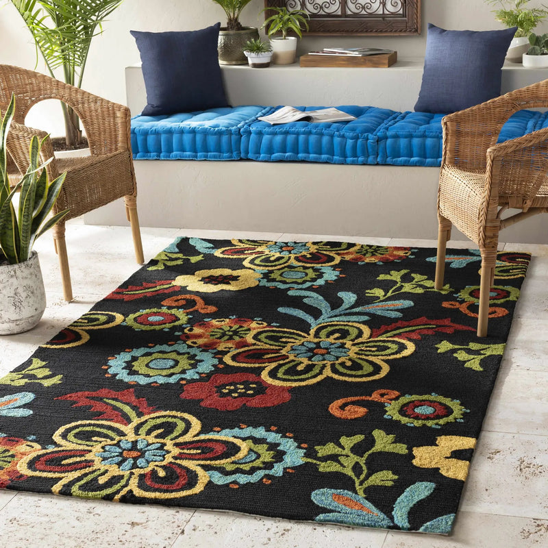 Thaxton Colorful Flowers on Black Outdoor Area Rug - Clearance by Boutique Rugs