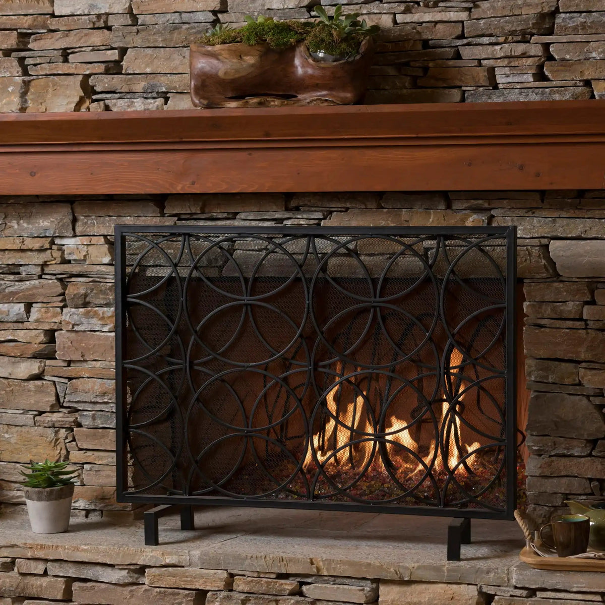 Thayer Single Panel Iron Fireplace Screen with Geometric Design, photo 6 of 8
