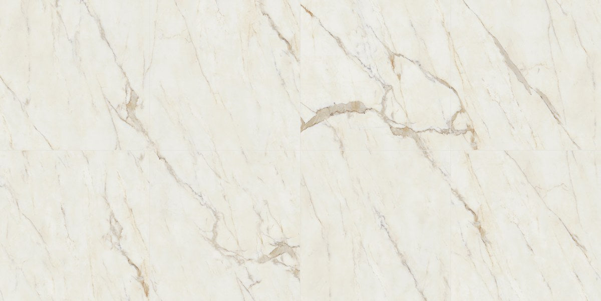 The Thirties Calacatta Oro Honed Marble Look Porcelain Tiles 30x30, several pieces laid together