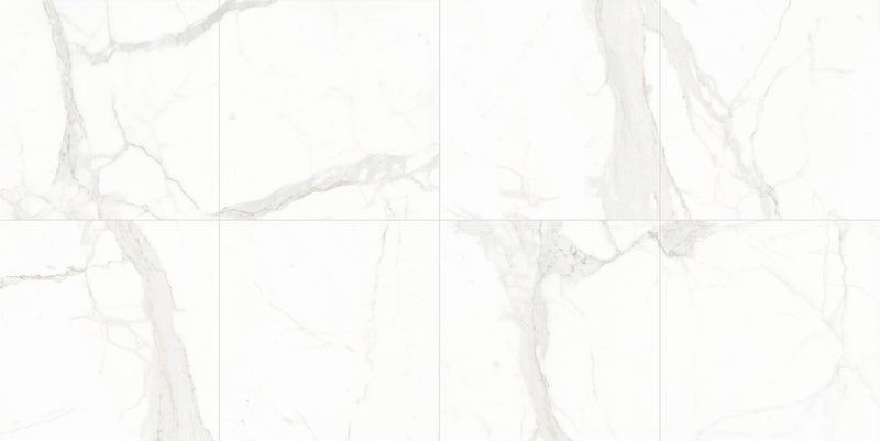 The Thirties Calacatta Super White Polished Marble Look Porcelain Tiles 30x30, several pieces laid together