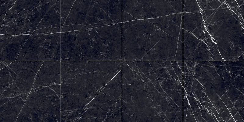 The Thirties Nero Marquina Honed Marble Look Porcelain Tiles 30x30, several pieces laid together