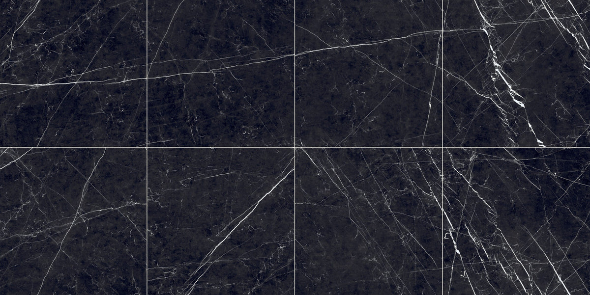 The Thirties Nero Marquina Polished Marble Look Porcelain Tiles 30x30, several pieces laid together