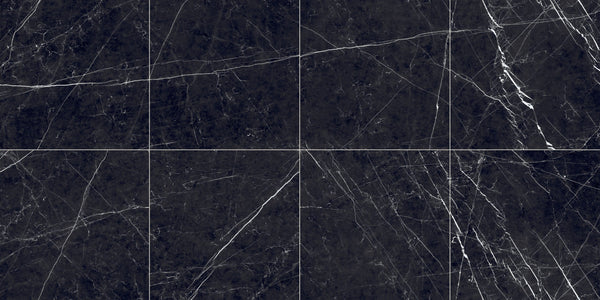 The Thirties Nero Marquina Polished Marble Look Porcelain Tiles 30x30, several pieces laid together