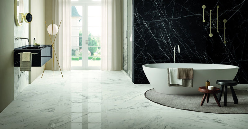 The Thirties Nero Marquina Polished Marble Look Porcelain Tiles 30x30 installed in a bathroom