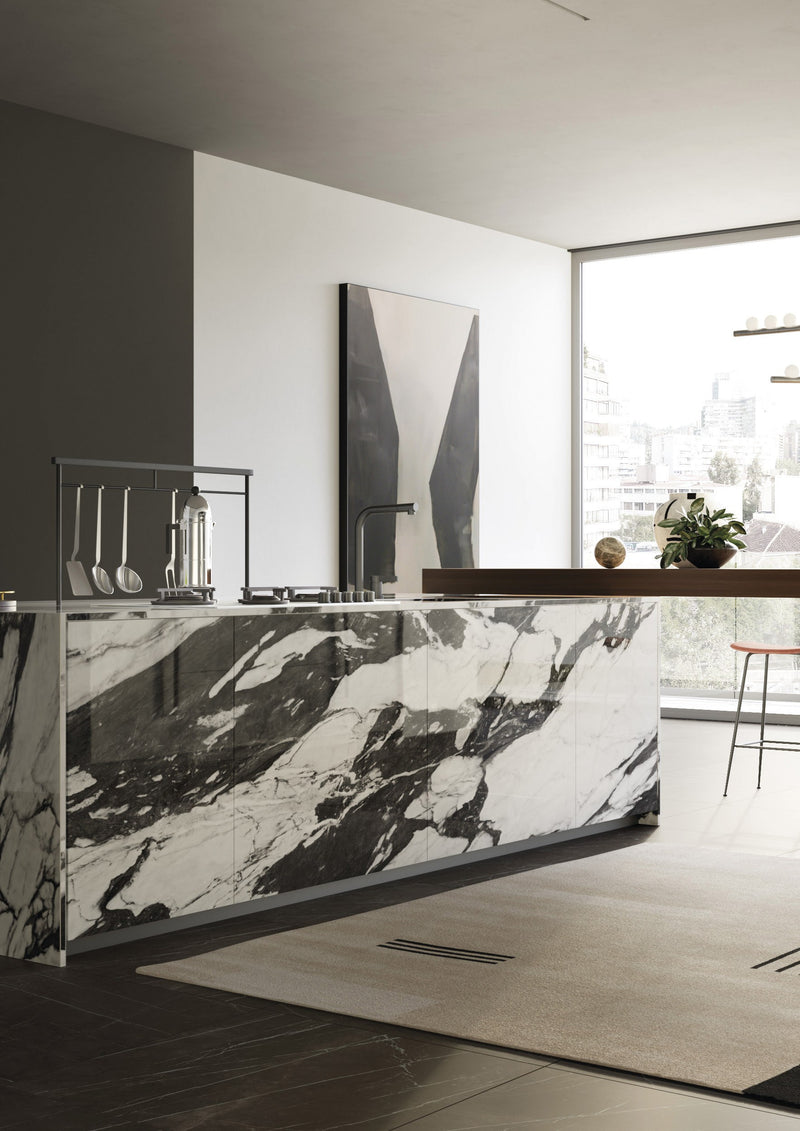 The Thirties Pietra Grey Honed Marble Look Porcelain Tiles 30x30 installed in a kitchen, view 2