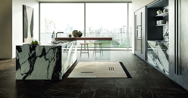 The Thirties Pietra Grey Honed Marble Look Porcelain Tiles 30x30 installed in a kitchen, view 3
