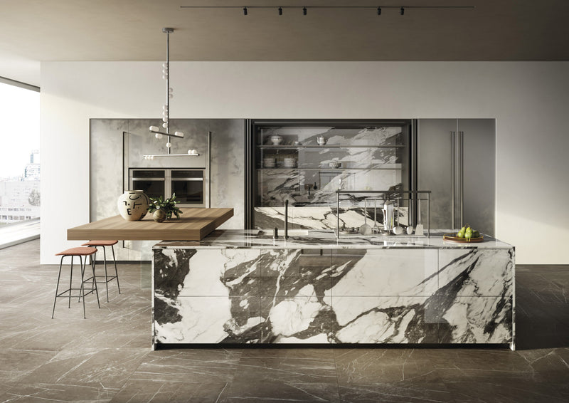 The Thirties Pietra Grey Honed Marble Look Porcelain Tiles 30x30 installed in a kitchen