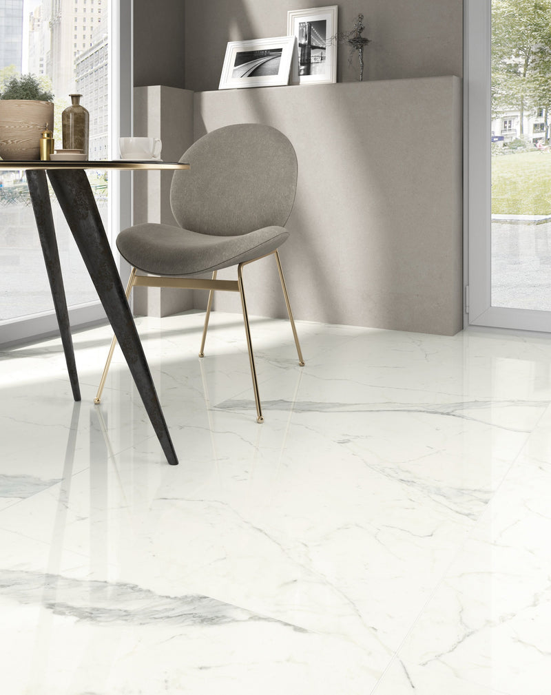 The Thirties Statuarietto Honed Marble Look Porcelain Tiles 30x30 installed in a restaurant