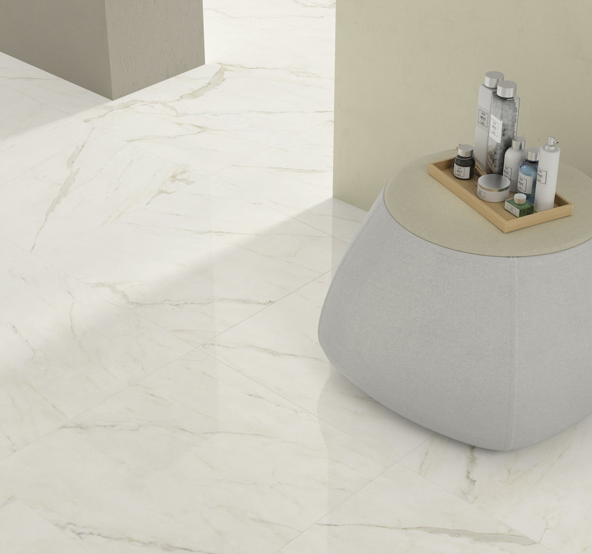 The Thirties Statuarietto Honed Marble Look Porcelain Tiles 30x30 installed in a spa