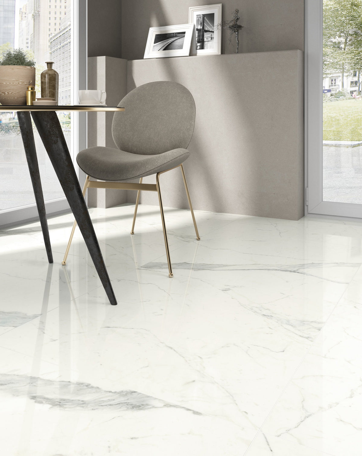 The Thirties Statuarietto Polished Marble Look Porcelain Tiles 30x30 installed in a restaurant