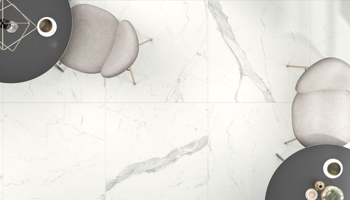 The Thirties Statuarietto Polished Marble Look Porcelain Tiles 30x30 installed in a restaurant, view 2