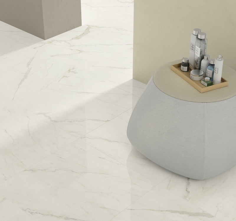The Thirties Statuarietto Polished Marble Look Porcelain Tiles 30x30 installed in a spa
