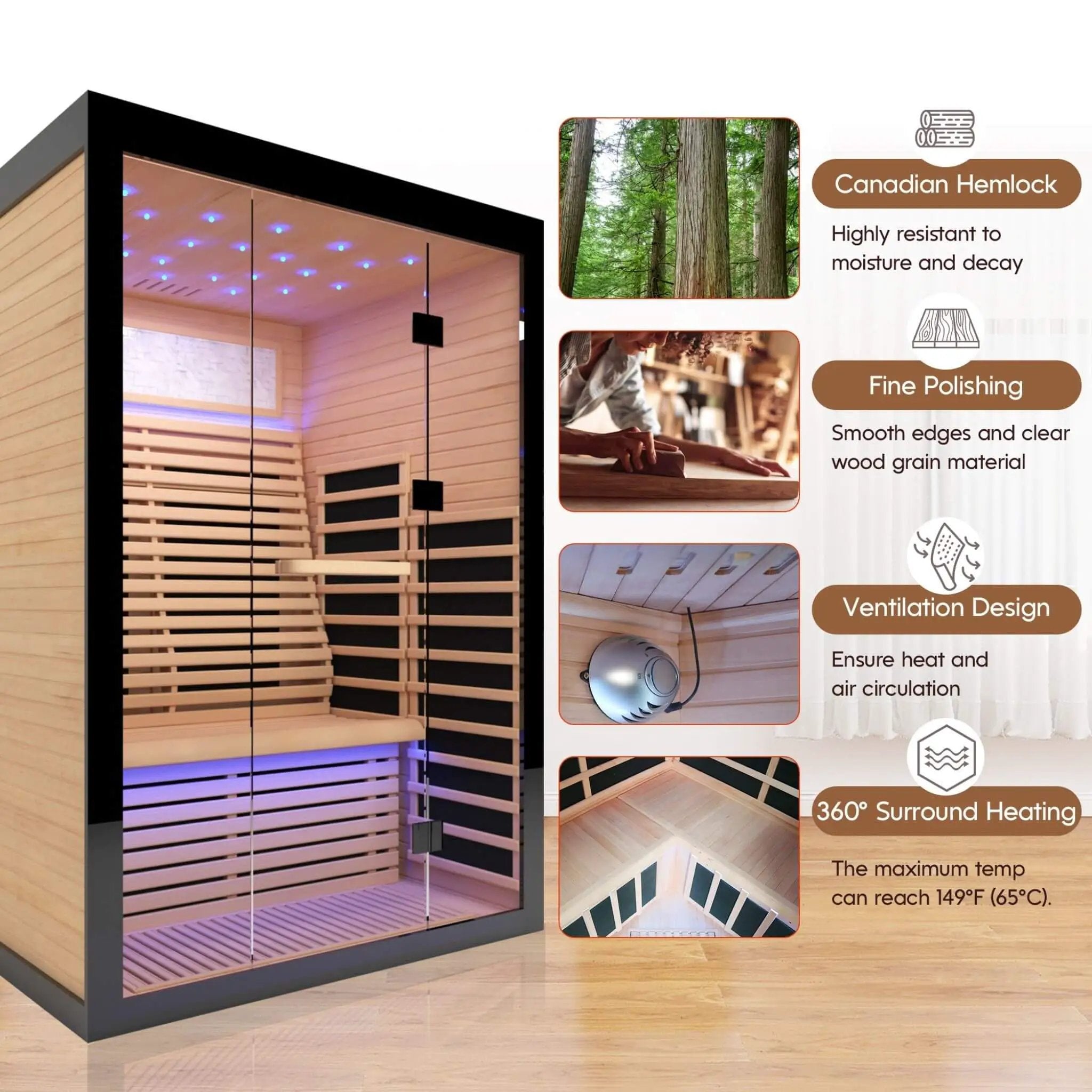 Thermora Vapor Luxury 2-Person Canadian Hemlock Wood Far Infrared Home Sauna (SAK56874) by SAKSBY WHOLESALE