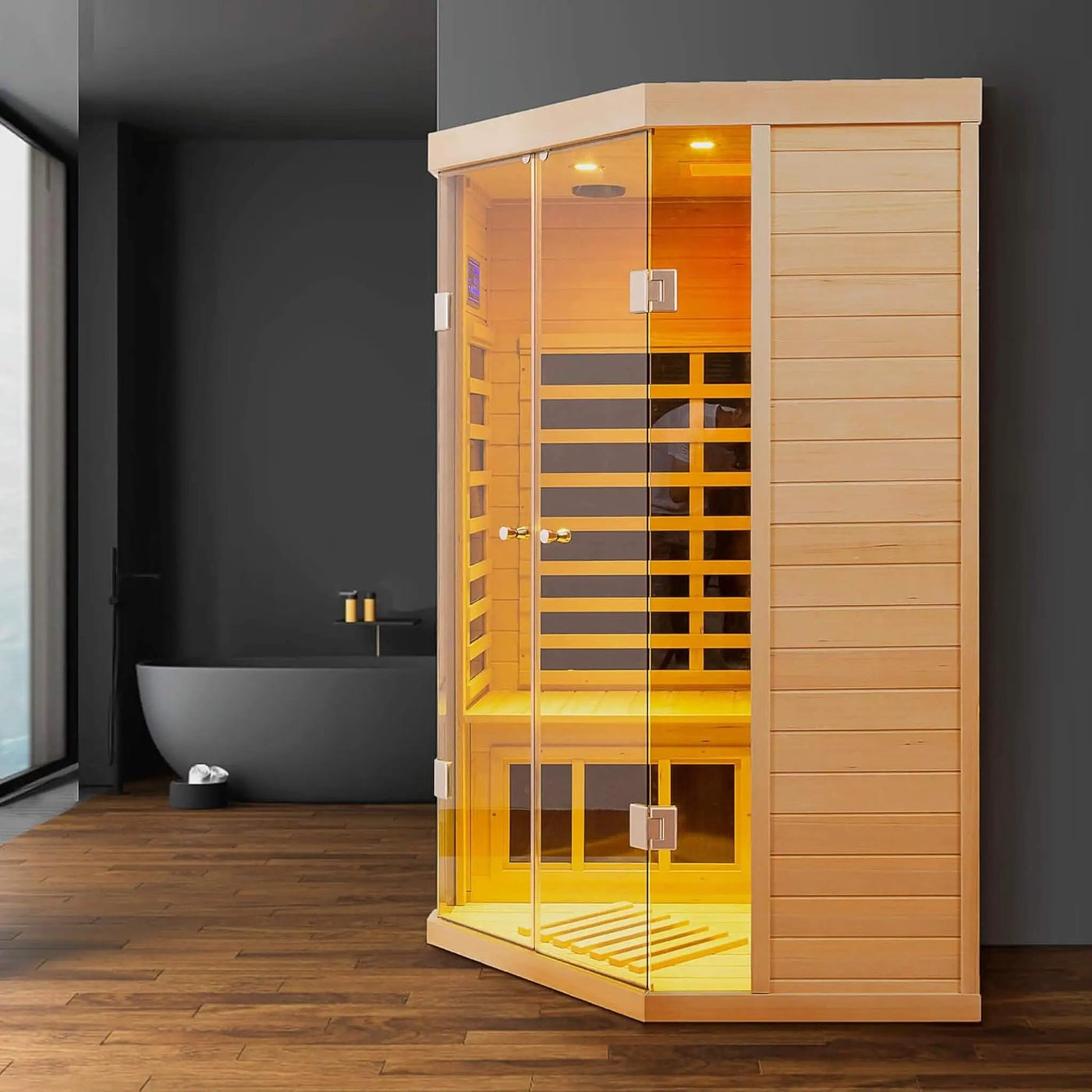 Thermora Laurent Premium 2-Person 1600W Corner Space Infrared Wooden Sauna Room With Bluetooth Speakers (SAK81524) by SAKSBY WHOLESALE