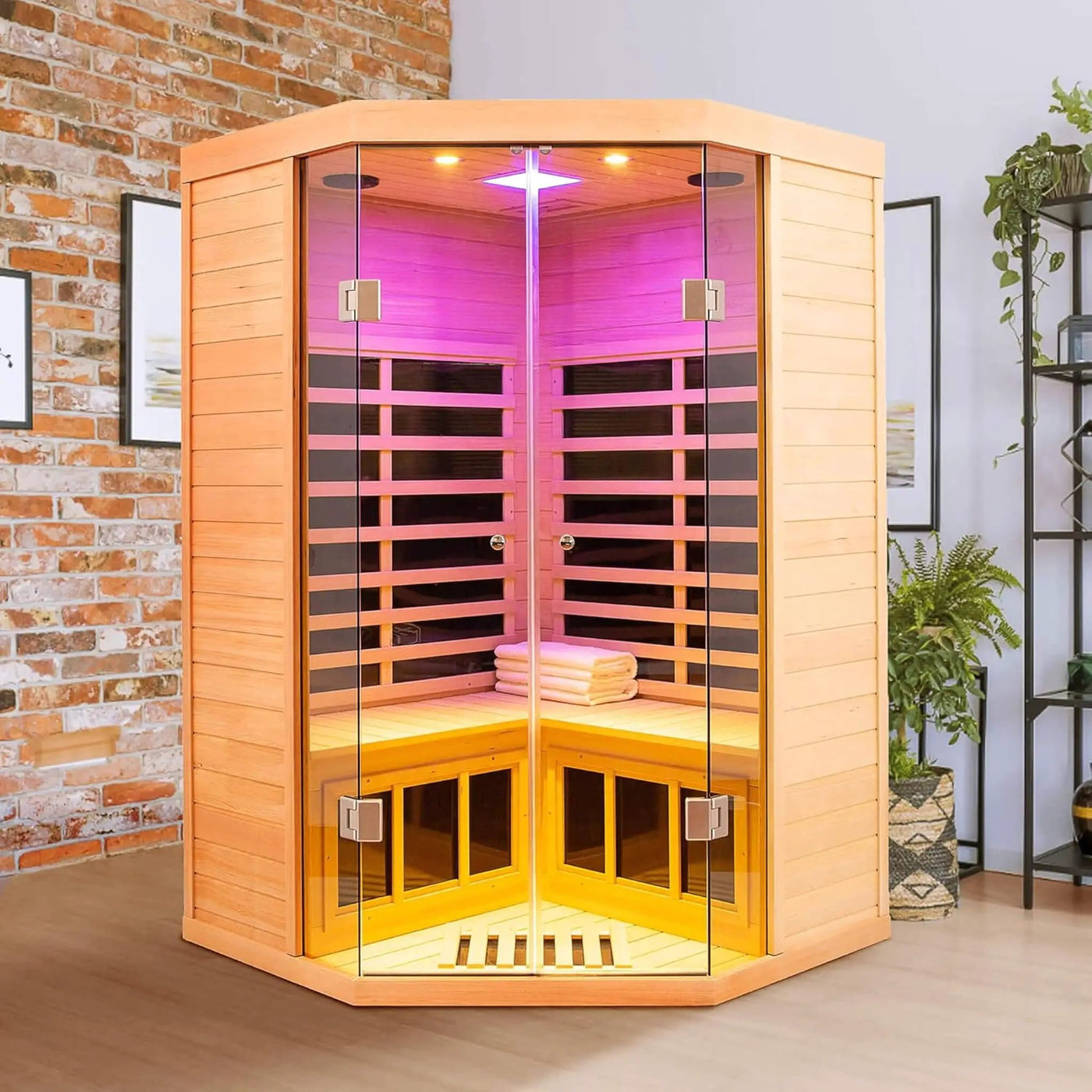 Thermora Laurent Premium 2-Person 1600W Corner Space Infrared Wooden Sauna Room With Bluetooth Speakers (SAK81524) by SAKSBY WHOLESALE