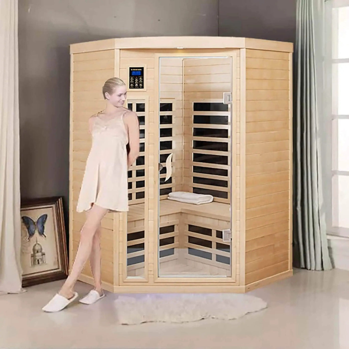 Thermora Laurent Premium 2-Person 1600W Corner Space Infrared Wooden Sauna Room With Bluetooth Speakers (SAK81524) by SAKSBY WHOLESALE