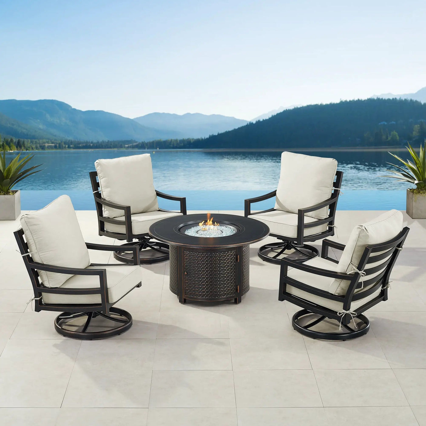Black Aluminum Fire Table Set with Four Club Chairs by Sharicks