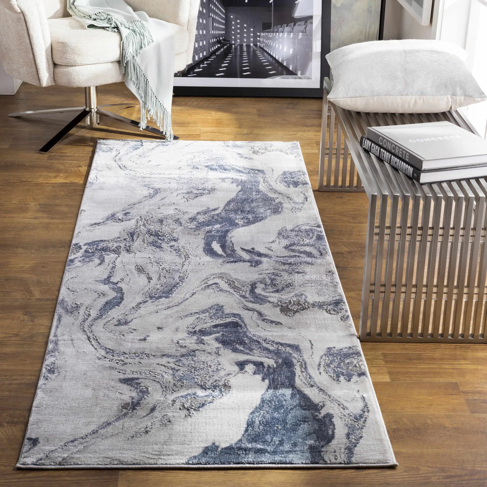 Moana Denim Blue Marble Area Rug by Boutique Rugs