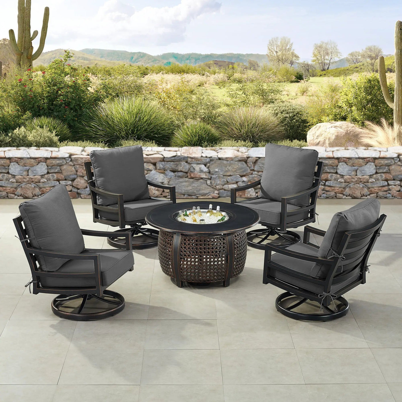 Black Aluminum Fire Table Set with Four Club Chairs by Sharicks