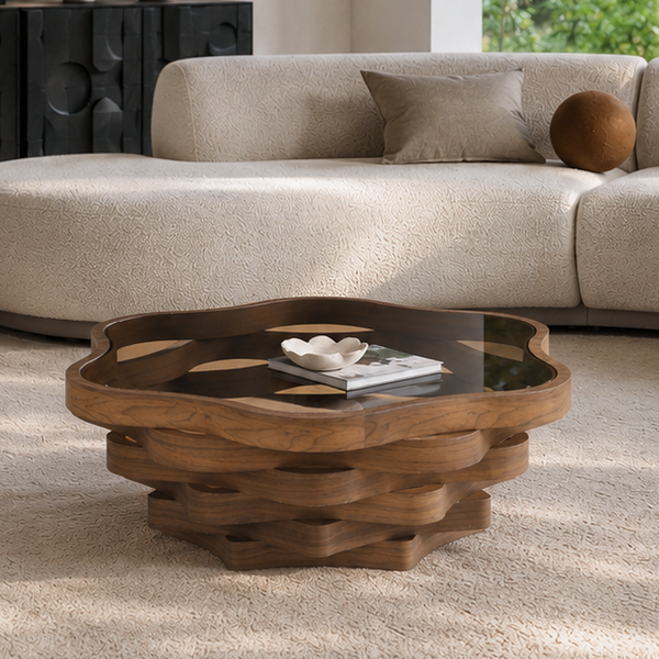 36.02" Unique Irregular Cloud Shaped Coffee Table with Tempered Glass Top, Multi-Layer Wave MDF Base Modern Artistic Cocktail Table for Living Room & Apartment