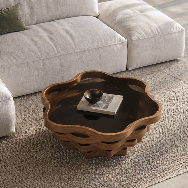 36.02" Unique Irregular Cloud Shaped Coffee Table with Tempered Glass Top, Multi-Layer Wave MDF Base Modern Artistic Cocktail Table for Living Room & Apartment, photo 2 of 7