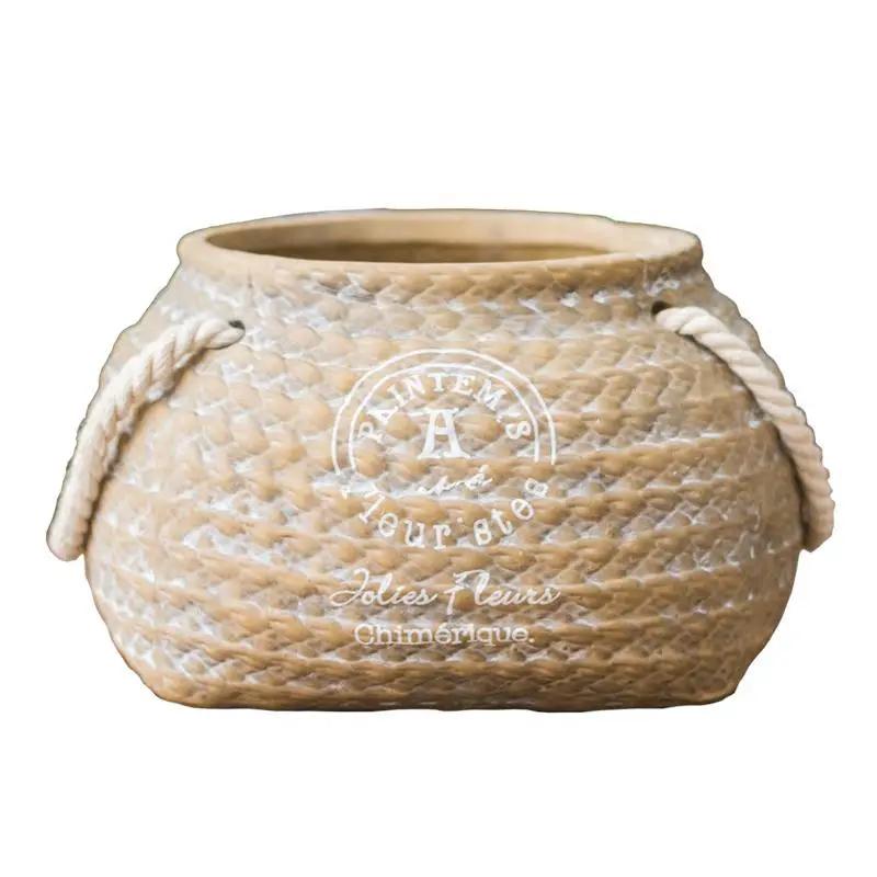 Tiny Ceramic Planter Hemp Bag Design with Rope Handles by RusticReach