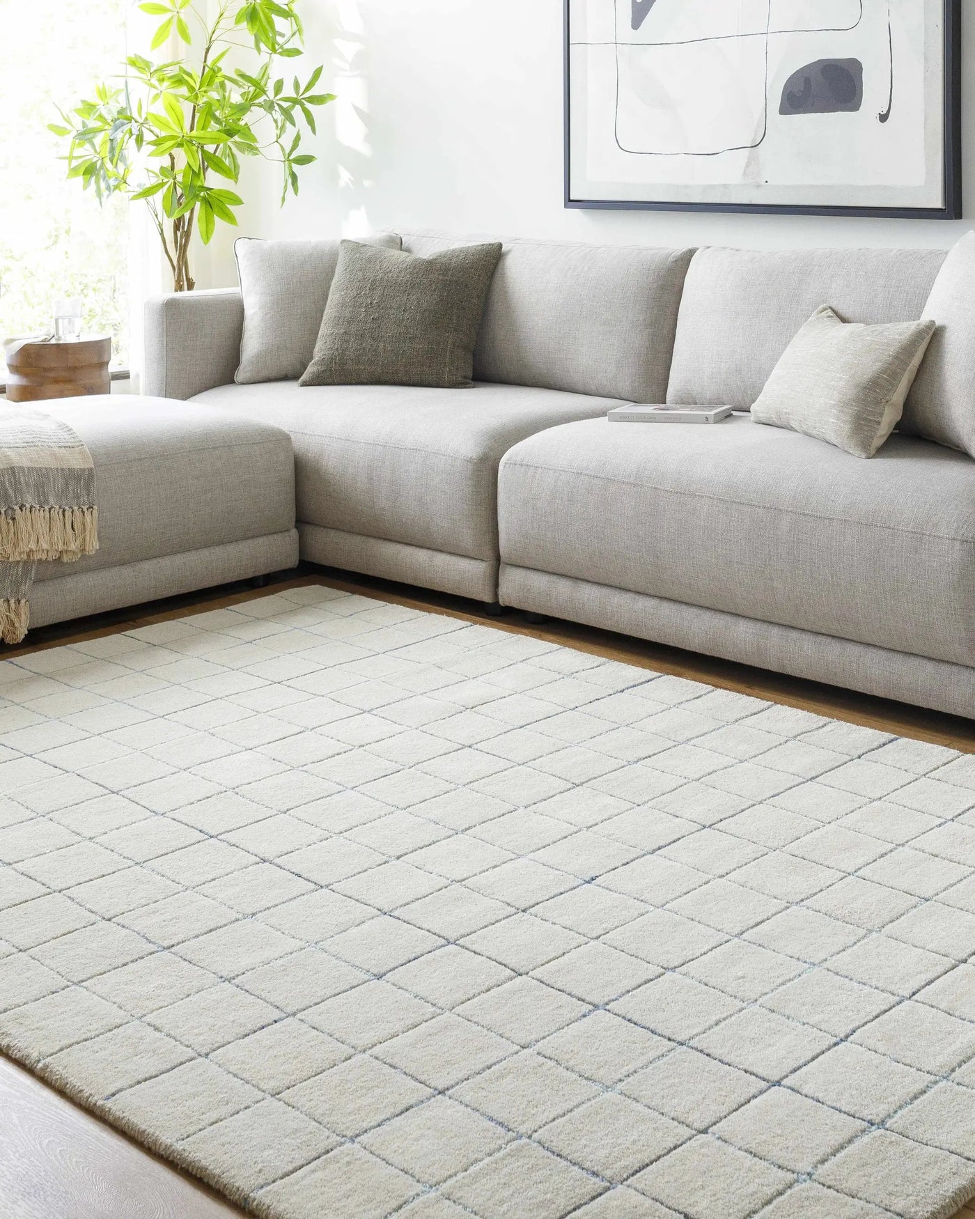 Toshi Beige Grid Wool Rug by Boutique Rugs