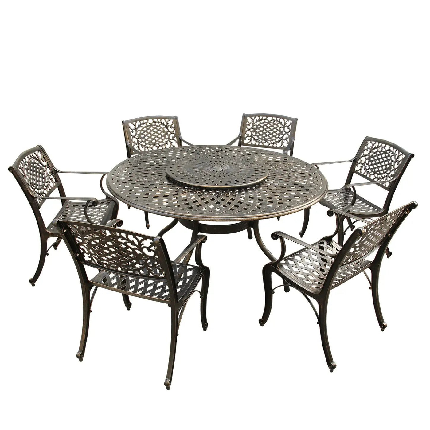 Outdoor Aluminum 7pc Round Patio Dining Set with Lazy Susan, Six Chairs by Sharicks