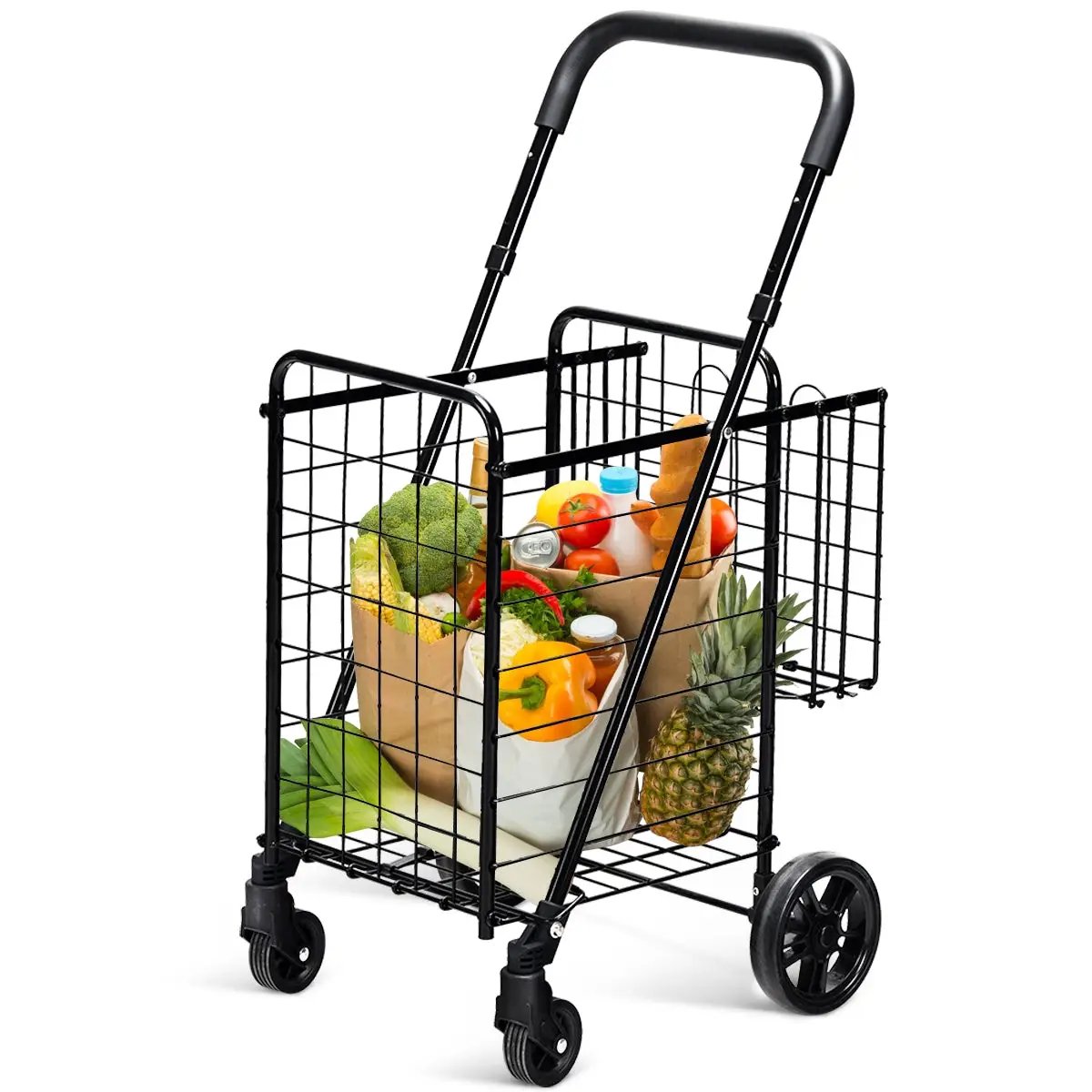 Folding Shopping Cart Basket Rolling Trolley with Adjustable Handle by DirectDeals
