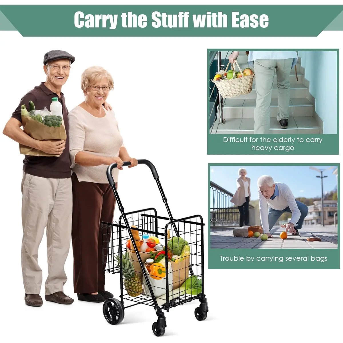 Folding Shopping Cart Basket Rolling Trolley with Adjustable Handle by DirectDeals