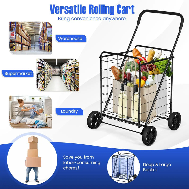 Portable Folding Shopping Cart Utility for Grocery Laundry-Black by DirectDeals